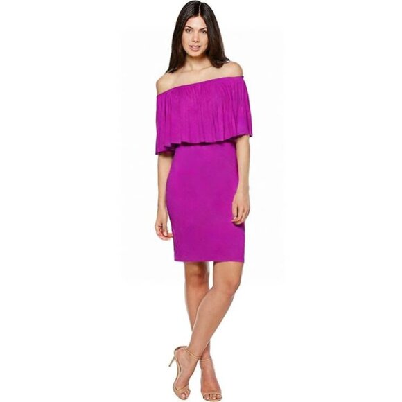 CRYSTAL DOLL Off-the-shoulder Magenta Layered Bodycon Dress NEW Small - Picture 5 of 5